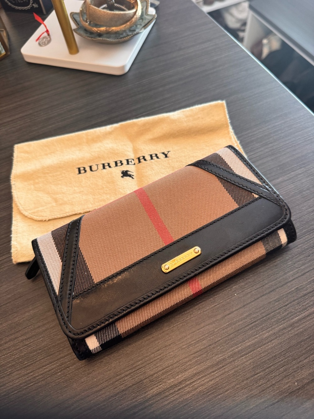 Burberry Beige Check Wallet with Black Leather Trim and Red Stripe